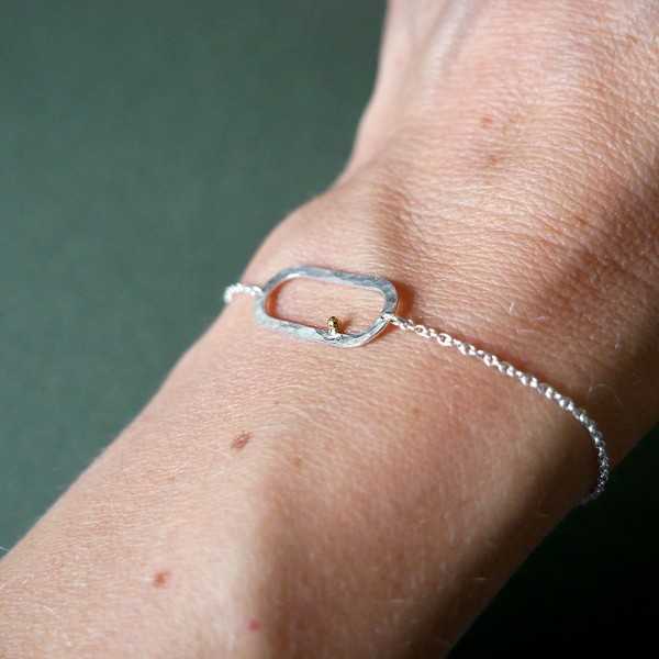 Bracelet in recycled 925 silver and 24 carat fine gold minimalist adjustable rain pearl