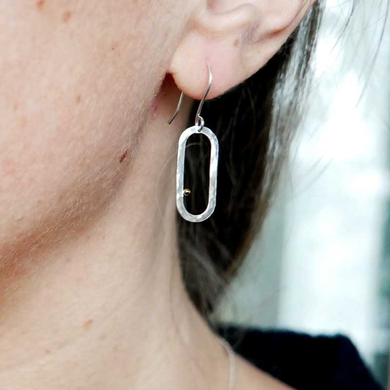 Boucles d'oreilles pendantes en argent 925 recyclé et or 24 carats minimaliste ovale Perle de Pluie