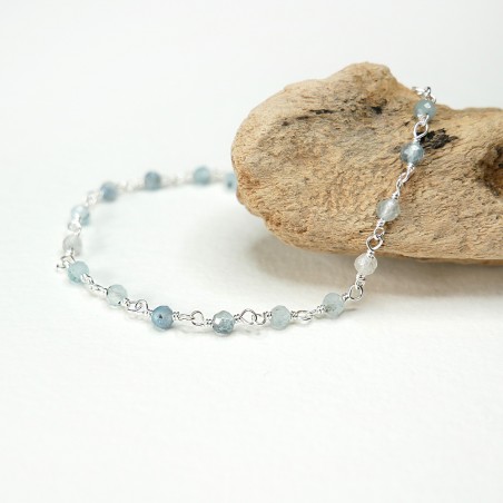 Aquamarin-Rosenkranz-Armband mit 3 mm großen facettierten Perlen und 925er Silber, minimalistisch und verstellbar