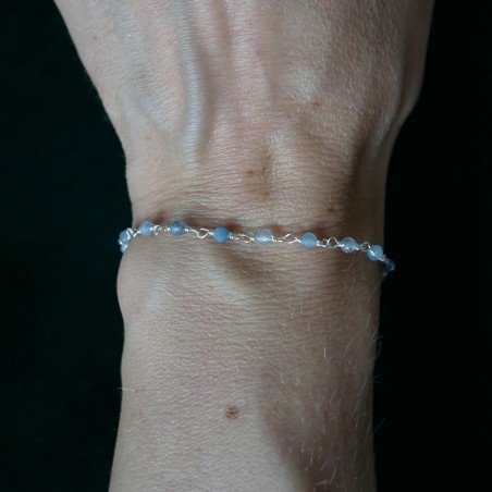 Aquamarin-Rosenkranz-Armband mit 3 mm großen facettierten Perlen und 925er Silber, minimalistisch und verstellbar
