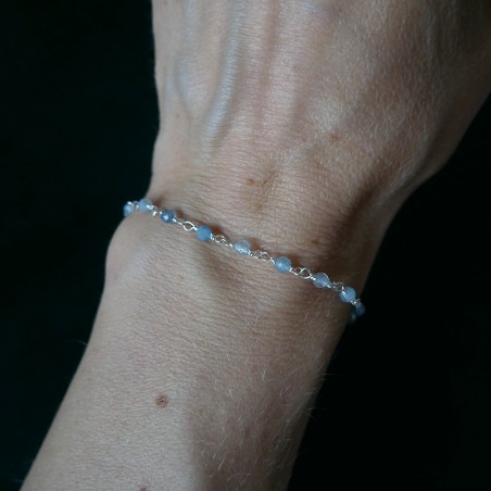 Aquamarin-Rosenkranz-Armband mit 3 mm großen facettierten Perlen und 925er Silber, minimalistisch und verstellbar