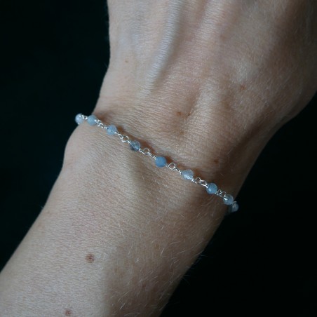 Aquamarin-Rosenkranz-Armband mit 3 mm großen facettierten Perlen und 925er Silber, minimalistisch und verstellbar