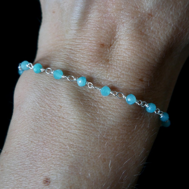 Amazonit-Rosenkranz-Armband mit 3 mm großen facettierten Perlen und 925er Silber, minimalistisch und verstellbar