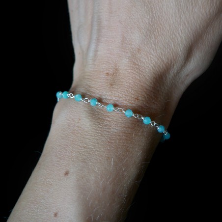 Amazonit-Rosenkranz-Armband mit 3 mm großen facettierten Perlen und 925er Silber, minimalistisch und verstellbar