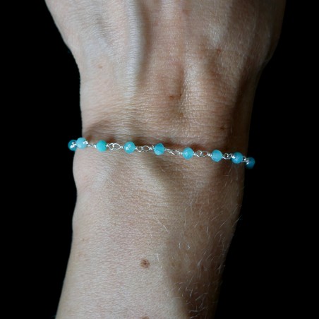 Amazonit-Rosenkranz-Armband mit 3 mm großen facettierten Perlen und 925er Silber, minimalistisch und verstellbar