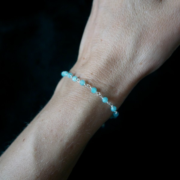 Amazonit-Rosenkranz-Armband mit 3 mm großen facettierten Perlen und 925er Silber, minimalistisch und verstellbar