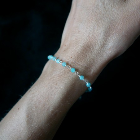 Amazonit-Rosenkranz-Armband mit 3 mm großen facettierten Perlen und 925er Silber, minimalistisch und verstellbar