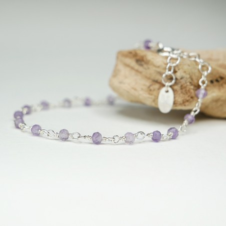 Amethyst-Rosenkranz-Armband mit 3 mm großen facettierten Perlen und 925er Silber, minimalistisch und verstellbar