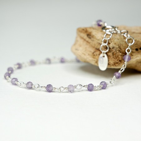 Amethyst-Rosenkranz-Armband mit 3 mm großen facettierten Perlen und 925er Silber, minimalistisch und verstellbar