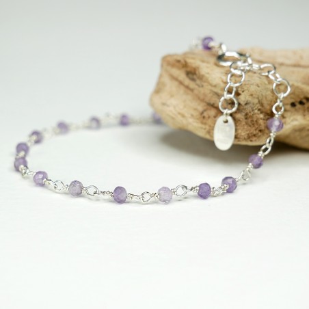 Amethyst-Rosenkranz-Armband mit 3 mm großen facettierten Perlen und 925er Silber, minimalistisch und verstellbar