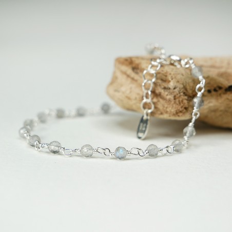 Labradorit-Rosenkranz-Armband mit 3 mm großen facettierten Perlen und 925er Silber, minimalistisch und verstellbar