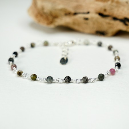 Turmalin-Rosenkranz-Armband mit 3 mm großen facettierten Perlen und 925er Silber, minimalistisch und verstellbar