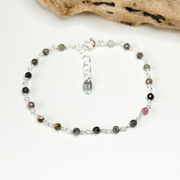 Turmalin-Rosenkranz-Armband mit 3 mm großen facettierten Perlen und 925er Silber, minimalistisch und verstellbar