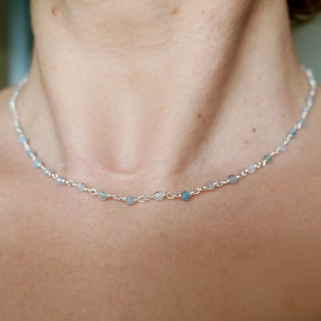 Minimalistische Aquamarin-Rosenkranzkette mit 3 mm großen facettierten Perlen