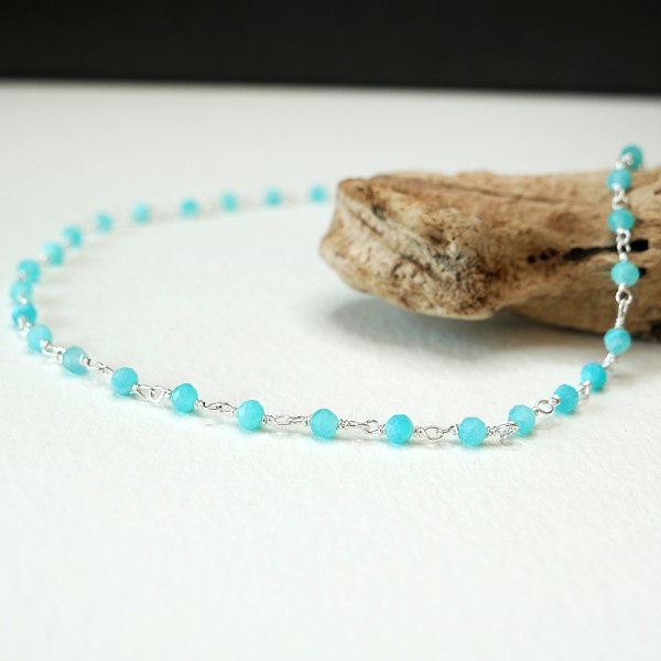 Rosary chain necklace with 3 mm faceted amazonite beads and 925 silver