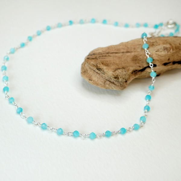 Rosary chain necklace with 3 mm faceted amazonite beads and 925 silver