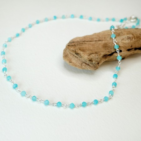 Rosary chain necklace with 3 mm faceted amazonite beads and 925 silver