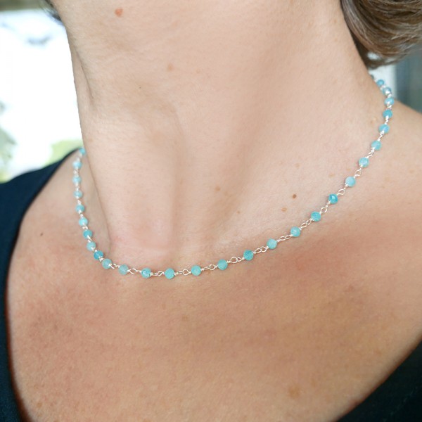Rosary chain necklace with 3 mm faceted amazonite beads and 925 silver