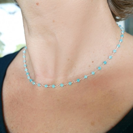 Rosary chain necklace with 3 mm faceted amazonite beads and 925 silver