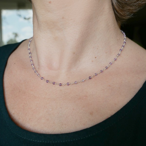 Rosenkranzkette mit 3 mm facettierten Amethystperlen und 925er Silber