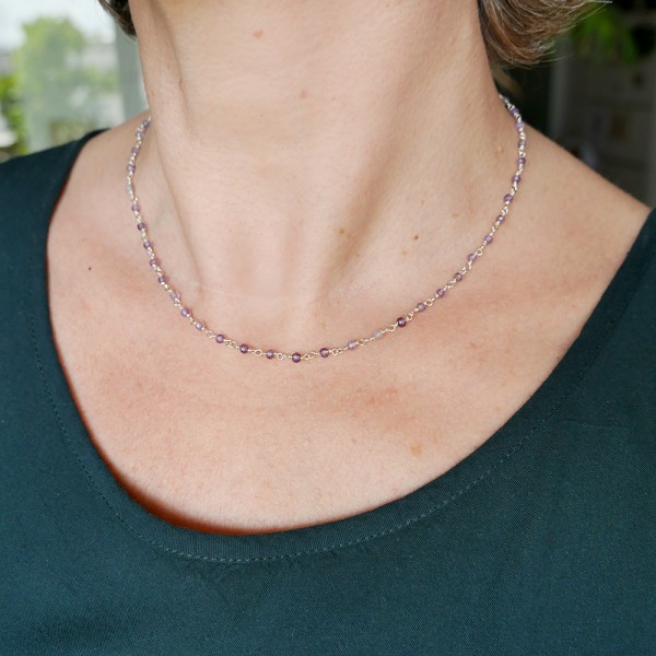 Rosenkranzkette mit 3 mm facettierten Amethystperlen und 925er Silber