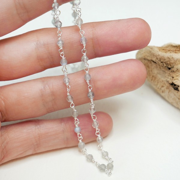 Rosenkranzkette mit 3 mm facettierten Labradoritperlen und 925er Silber