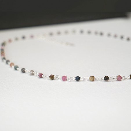 Rosary chain necklace with 3 mm faceted tourmaline beads and 925 silver