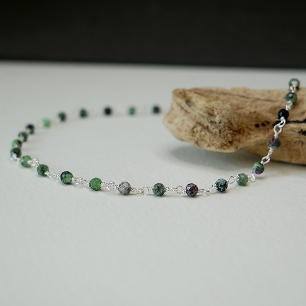Rosary chain necklace with 3 mm faceted zoisite beads and 925 silver