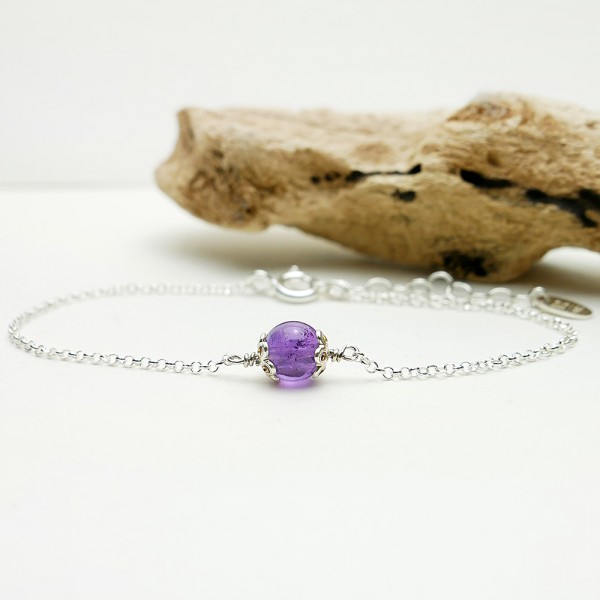 Verstellbares und minimalistisches Armband aus echtem Amethyst aus massivem 925er Silber