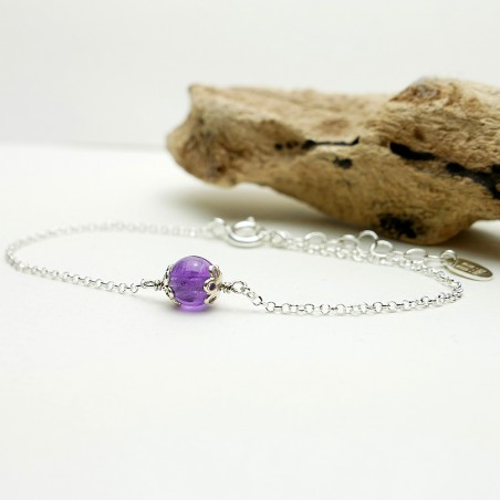 Verstellbares und minimalistisches Armband aus echtem Amethyst aus massivem 925er Silber