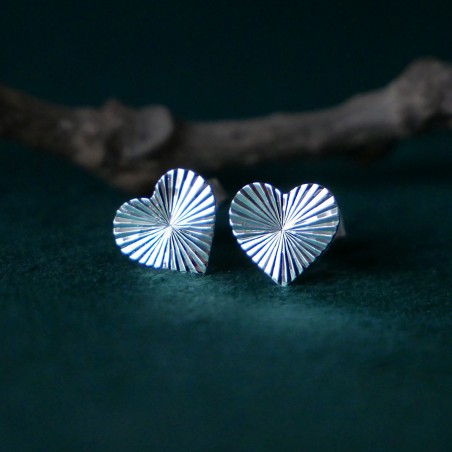 Grande boucles d'oreilles puces cœurs scintillant en argent 925 strié recyclé fines pour femme