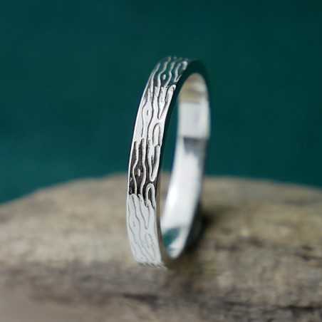 Bague 3 mm motif Bois en argent 925 recyclé pour femme et pour homme