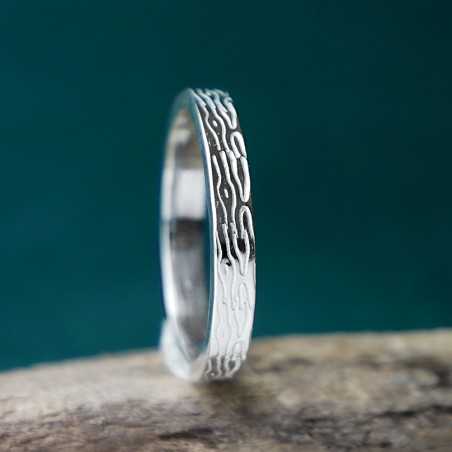 Bague 3 mm motif Bois en argent 925 recyclé pour femme et pour homme