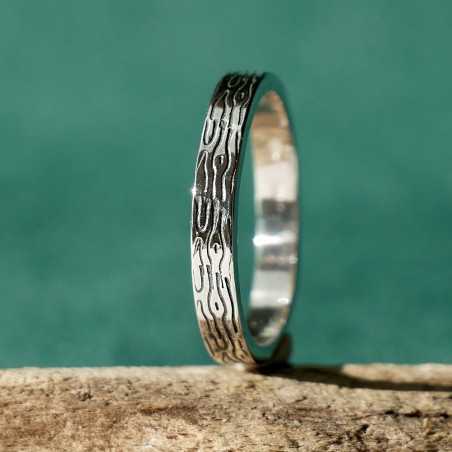 Bague 3 mm motif Bois patiné en argent 925 recyclé pour femme et pour homme