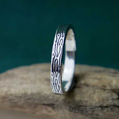Bague 3 mm motif Bois patiné en argent 925 recyclé pour femme et pour homme