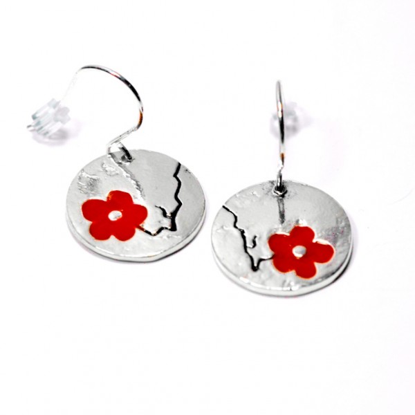 Boucles d'oreilles pendantes Fleurs de Cerisier rouges en argent 925 créateur français
