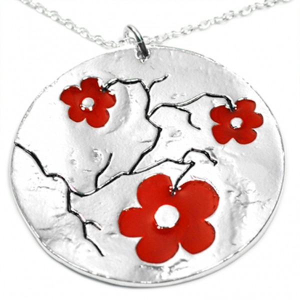 Grand pendentif créateur Fleurs de Cerisier rouges en argent massif 925 Desiree Schmidt Paris made in France