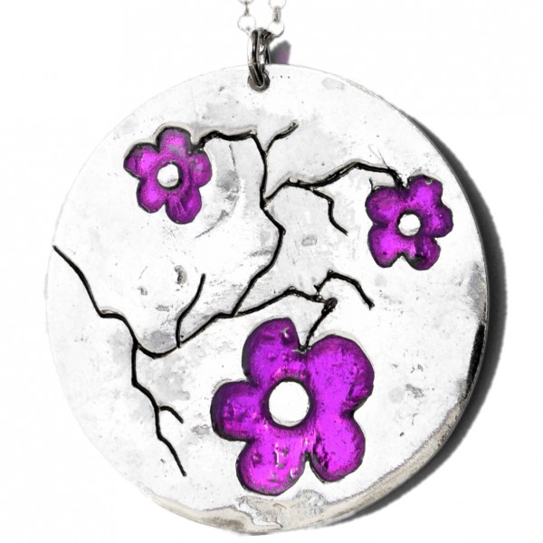 Grand collier Fleurs de Cerisier violettes en argent massif 925/1000 Desiree Schmidt Paris made in France