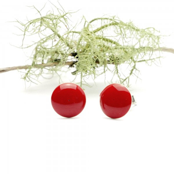 Boucles d'oreilles rondes pour femme en argent 925 et résine rouge coquelicot made in France