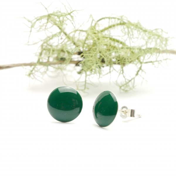 Boucles d'oreilles rondes pour femme en argent 925 et résine vert sapin créateur français