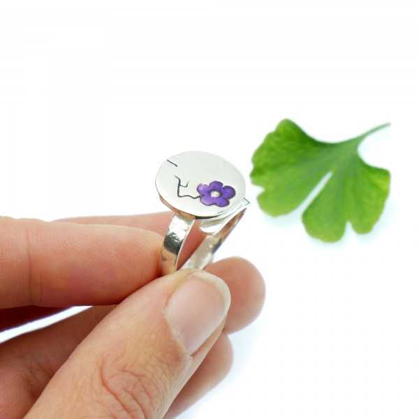 Bague réglable Fleurs de Cerisier violette en argent 925 et résine créateur français