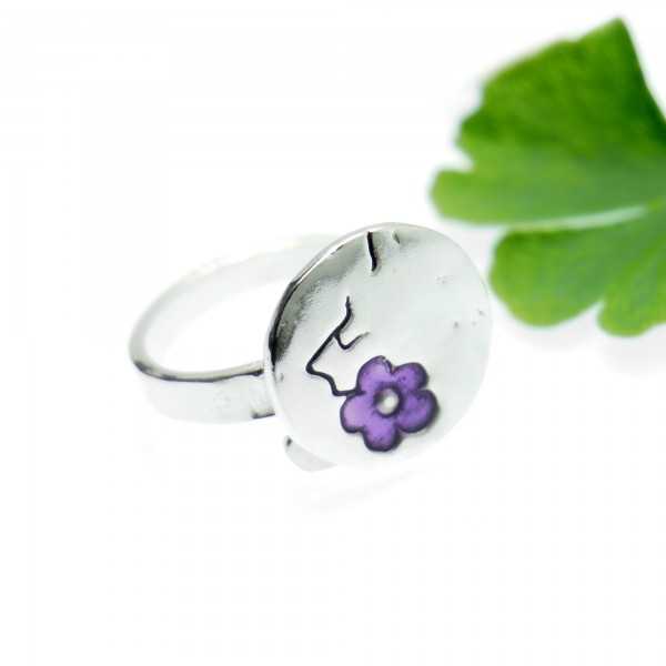 Bague ajustable Fleurs de Cerisier violette en argent 925 et résine fabriquée à la main
