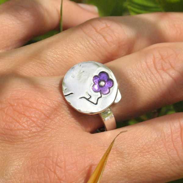 Bague ajustable Fleurs de Cerisier violette en argent massif et résine faite main