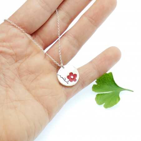 Pendentif fleur de cerisier rouge argent 925 fabriqué en France Desiree Schmidt Paris Fleurs de Cerisier