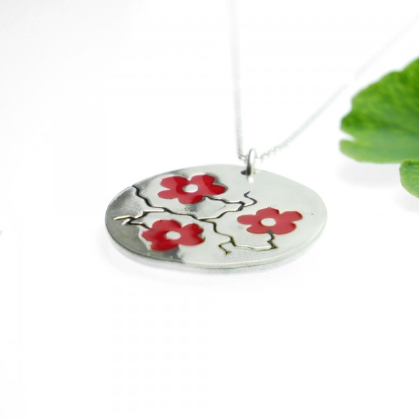 Fine red Sakura flower necklace in sterling silver 925 made in France Desiree Schmidt Paris Cherry Blossom 77,00 €