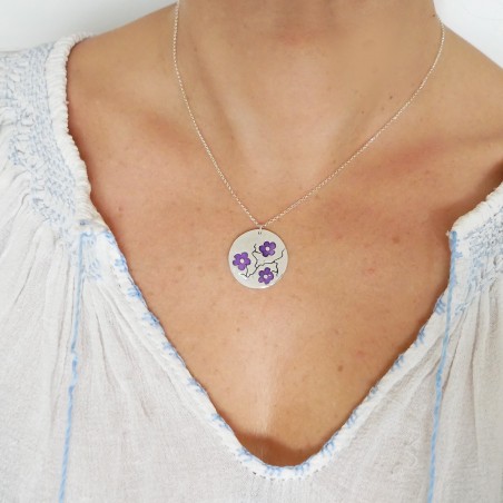 Collier pendentif fleur de cerisier violette argent 925/1000 fabriqué en France Desiree Schmidt Paris