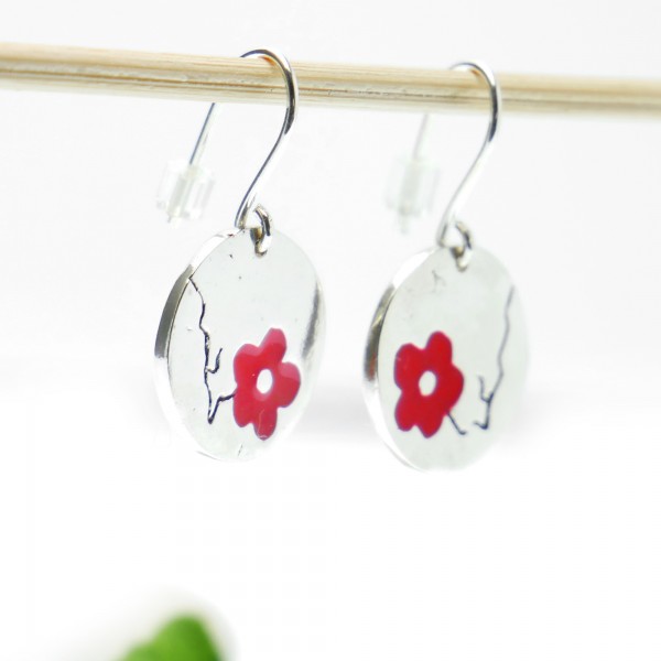Boucles d'oreilles pendantes tendance Fleurs de Cerisier rouges en argent 925