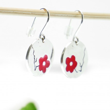 Boucles d'oreilles pendantes tendance Fleurs de Cerisier rouges en argent 925