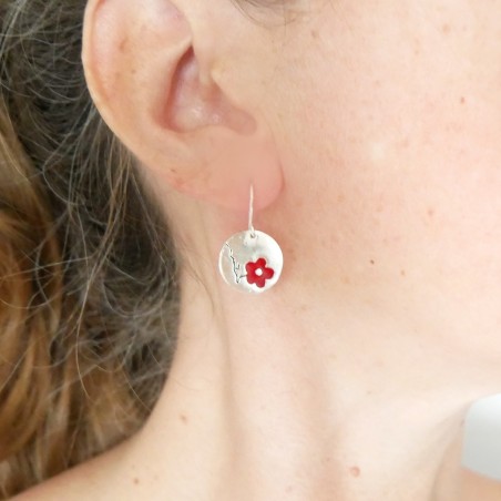 Boucles d'oreilles pendantes Fleurs de Cerisier rouges en argent 925 made in France