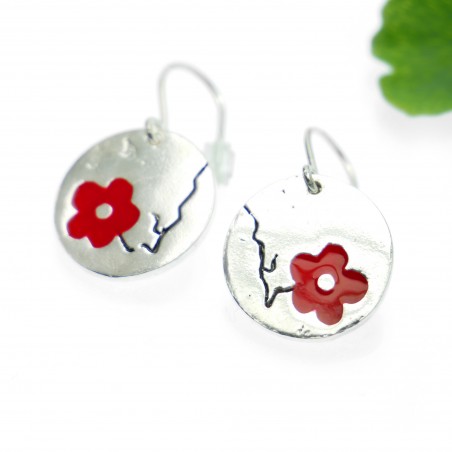 Boucles d'oreilles pendantes Fleurs de Cerisier rouges en argent 925 recyclé en France